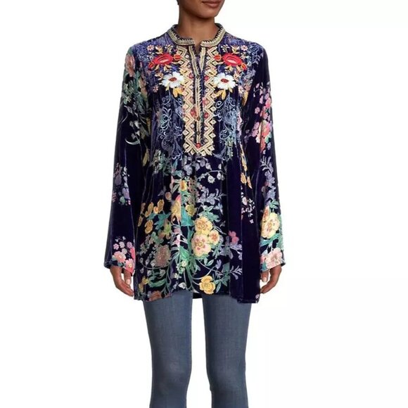Johnny Was Bouquet Burnout Nephele Tunic Embroidered Floral Top Shirt Blue NEW - Picture 4 of 7